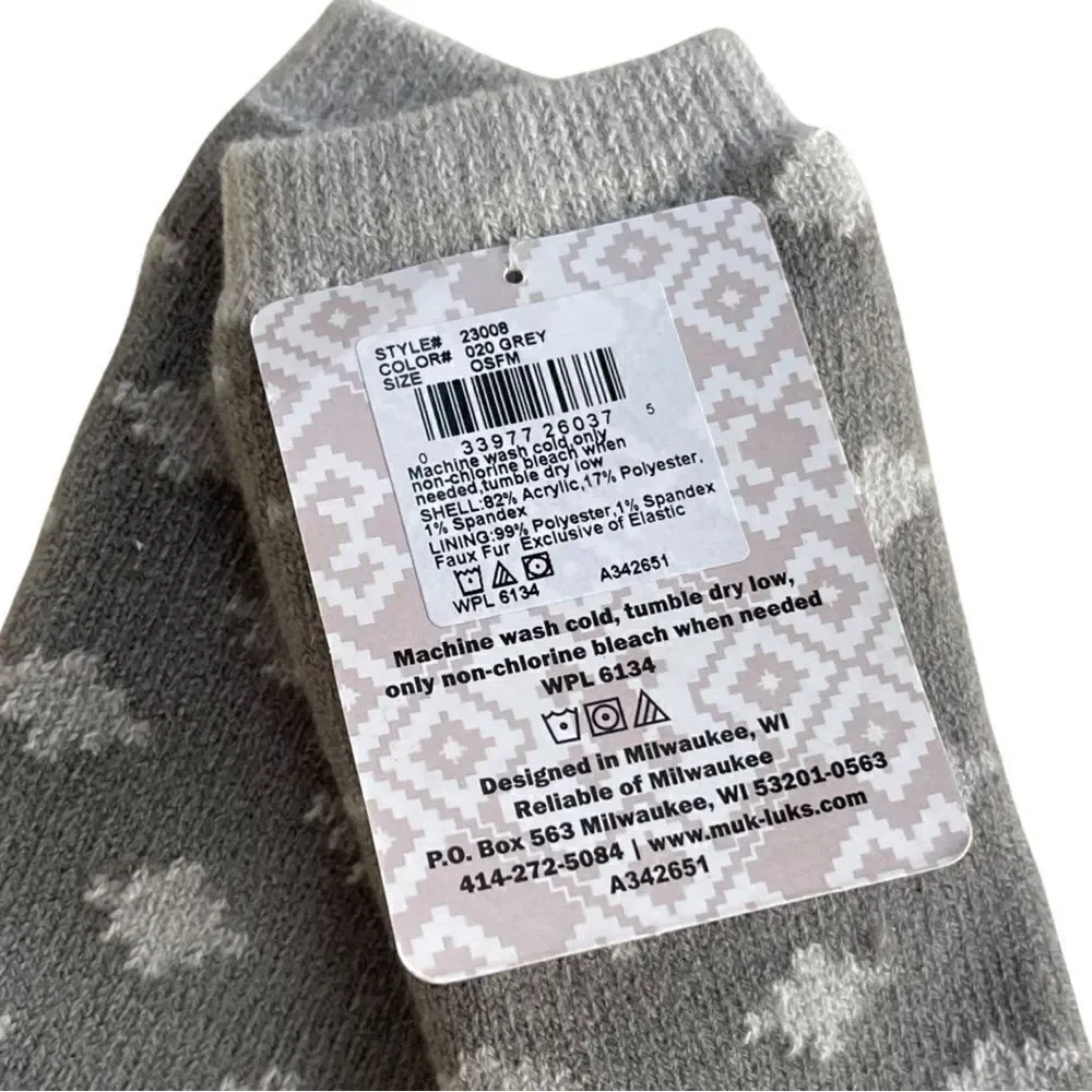 The Original Muk Luks Cozy Lined Socks Gray Geometric Print  Gripped Socks OSFM
